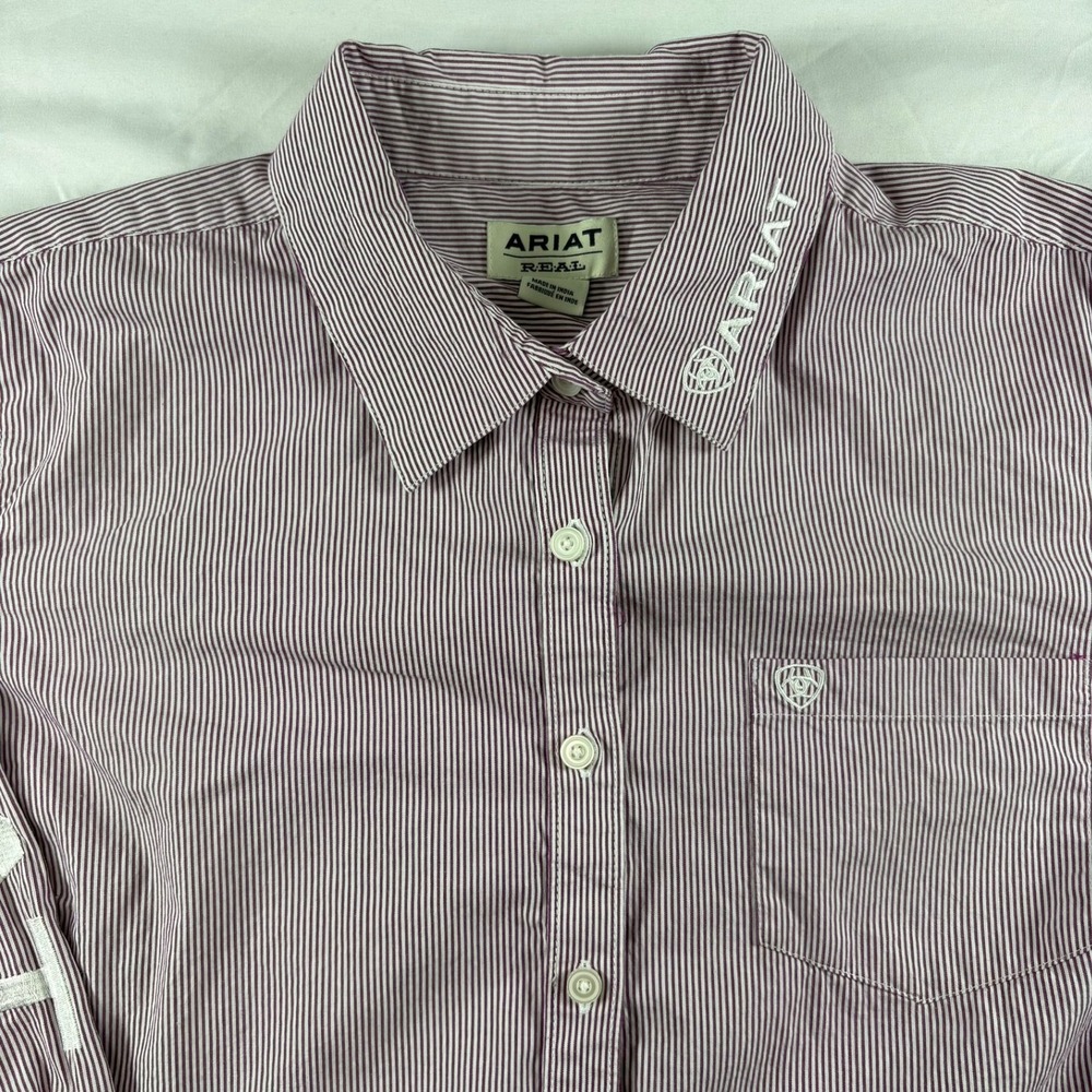 Ariat ReAL Button Down Shirt‎ Womens 1X Purple Striped Logo Sleeve Western - Picture 3 of 12